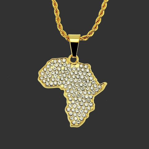 Collana con Ciondolo Mappa dell'Africa Hip Hop con Strass Gioielli in Lega per Uomo Donna Catena a Corda Placcata Oro Argento