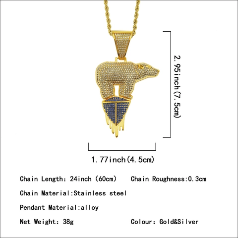 Collana con Pendente Orso Polare Hip Hop Iced Out per Uomo Donna in Lega Acciaio Inossidabile Catena a Torsione Strass Gioielli Animali