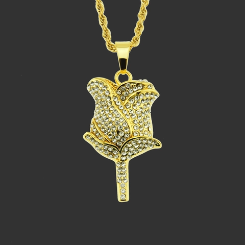 Hip Hop Rosenblüte Anhänger Halskette Gold Silber Galvanisiert Edelstahl Kordelkette Legierung Strass Schmuck