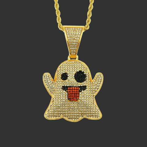 Collier Pendentif Emoji Fantôme Hip Hop Iced Out pour Hommes Femmes Or Argent Strass Bijoux en Alliage Chaîne Corde en Acier