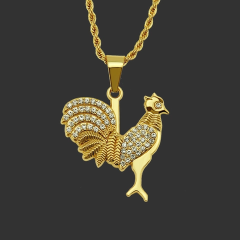 Collana con Pendente a Forma di Gallo Hiphop Iced Out per Uomo in Lega Placcata Oro Catena a Corda in Ferro con Strass