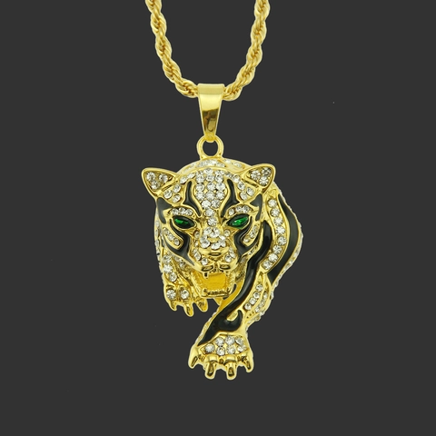 Collana con Pendente a Testa di Leopardo Hip Hop da Uomo in Lega con Strass Intarsiati Gioielli Dominante Oro Argento Catena a Corda
