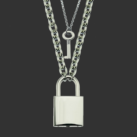 Set di Collane a Strati in Lega Punk Hip Hop Con Ciondoli a Forma di Lucchetto e Chiave Catena Cubana Argento per Uomo Donna Gioielli