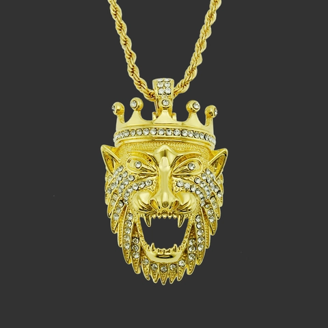 Collana con Pendente a Testa di Leone Hip Hop per Uomo Lega con Strass Intarsiato Gioielli Iced Out Oro Argento Catena a Torsione