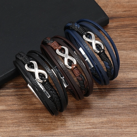 Vintage Infinity Symbol Layered Leather Bracelet For Men Alloy Magnetic Clasp Woven Braid Wrap Bangle Jewelry Daily Gift