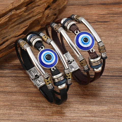 Bracelet en Cuir Multi-couches Vintage Oeil du Diable Avec Acier Inoxydable Alliage Fait Main Style Punk Homme Femme Bijoux Mode