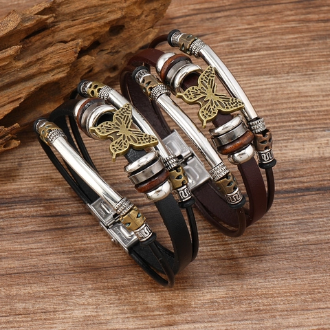 Bracelet Multicouche en Cuir Vintage Pour Hommes Femmes Fait à la Main Tressé Avec Pendentif Papillon Bronze Fermoir Acier Bijoux Rétro
