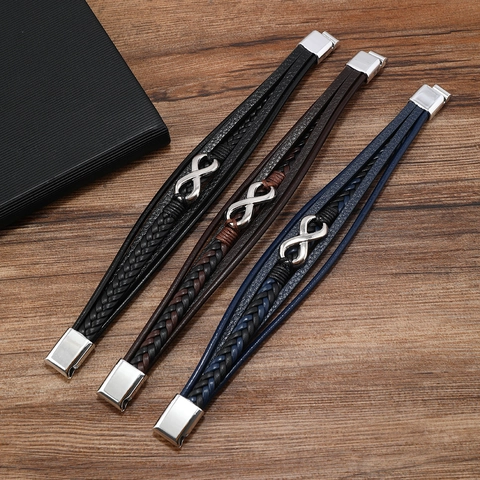Vintage Infinity Symbol Layered Leather Bracelet For Men Alloy Magnetic Clasp Woven Braid Wrap Bangle Jewelry Daily Gift
