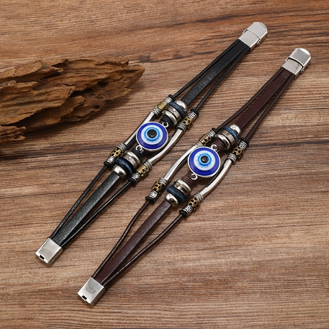 Bracelet en Cuir Multi-couches Vintage Oeil du Diable Avec Acier Inoxydable Alliage Fait Main Style Punk Homme Femme Bijoux Mode
