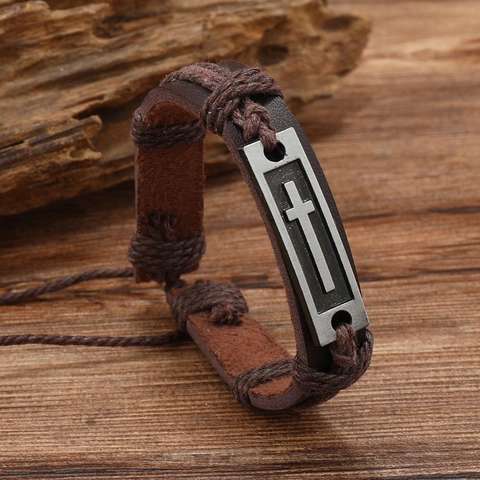 Herren Vintage Leder Geflochtenes Armband Legierung Kreuz Anhänger Verstellbar Braun Retro Gothic Schmuck Punk Handgewebtes Armband Geschenk
