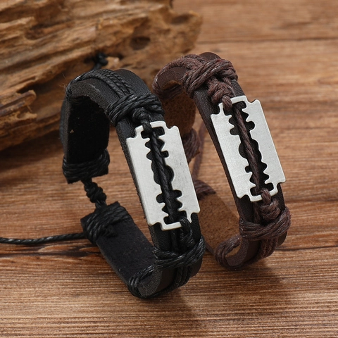 Bracciale in Pelle da Uomo Vintage Punk Intrecciato a Mano Con Ciondolo a Lama in Lega Regolabile Gioielli Stile Rock Unisex