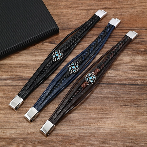 Vintage Multilayer Woven Leather Bracelet For Men Women Alloy Daisy Flower Charm Magnetic Clasp Retro Ethnic Jewelry Gift