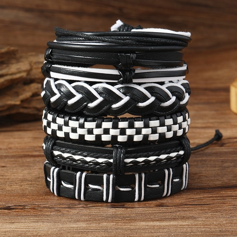 Herren Hip Hop Leder Armband Set Vintage Punk Mehrlagig Verstellbar Wachskordel Leder Handseile Unisex Schmuck Geschenk