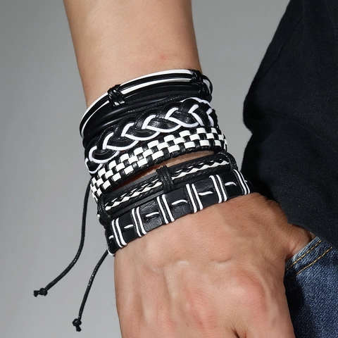 Herren Hip Hop Leder Armband Set Vintage Punk Mehrlagig Verstellbar Wachskordel Leder Handseile Unisex Schmuck Geschenk