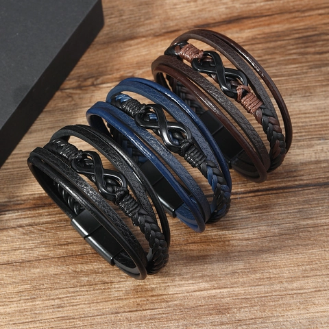 Men Retro Multilayer Leather Infinity Bracelet Handmade Alloy Magnetic Buckle Braided Wrap Jewelry For Men Everyday Gift