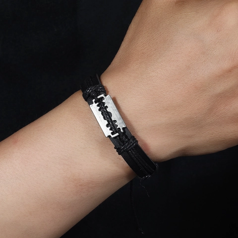Bracciale in Pelle da Uomo Vintage Punk Intrecciato a Mano Con Ciondolo a Lama in Lega Regolabile Gioielli Stile Rock Unisex