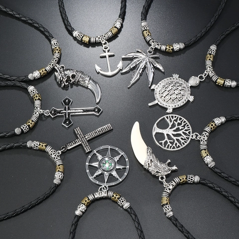 Vintage Men Retro Alloy Pendant Necklace Black Braided PU Cord Adjustable Beaded Necklaces Anchor Cross Compass Jewelry Gift