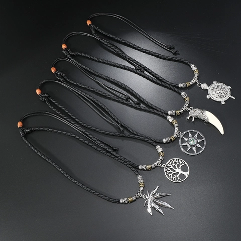 Vintage Men Retro Alloy Pendant Necklace Black Braided PU Cord Adjustable Beaded Necklaces Anchor Cross Compass Jewelry Gift