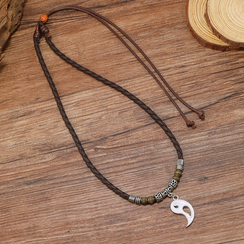 Handmade Tai Chi Yin Yang Pendant Couple Necklace Alloy Beaded Adjustable PU Leather Wax Cord Retro Chinese Style Jewelry