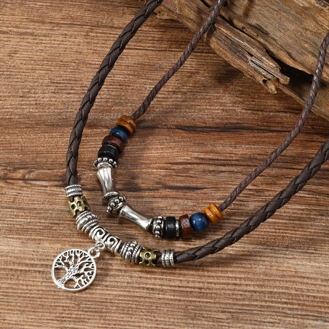 Collier Bohème Vintage Double Couche Pendentif Arbre de Vie Perles en Bois Multicolores PU Alliage Cordon Tissé Bijoux Femme