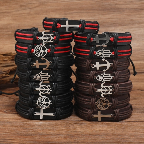 Bracciale Vintage in Pelle Intrecciata a Mano Hip Hop Punk Lega Hamsa Albero Della Vita Croce Ancora Tartaruga Unisex Gioielli