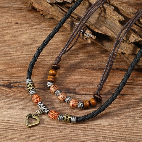 Vintage Bohemian Heart Pendant Necklace Multi Layer Handmade Wood Beads Braided PU Leather Wax Cord Jewelry For Women