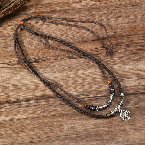 Collier Bohème Vintage Double Couche Pendentif Arbre de Vie Perles en Bois Multicolores PU Alliage Cordon Tissé Bijoux Femme