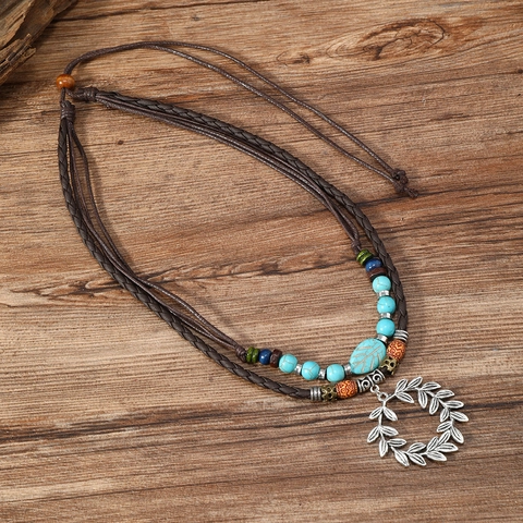 Collana Multistrato Bohémien Vintage Per Donna Perline Turchesi Ciondolo Ramo Ulivo Lega Cordino Cerato Etnico Regolabile Gioielli Fatti a Mano