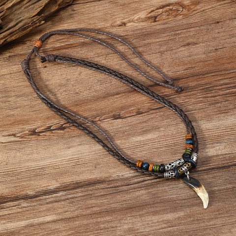 Tribal Animal Tooth Pendant Necklace Men Women Ethnic Bohemian Multi-Layer Wood Beads Adjustable Brown Wax Rope Jewelry