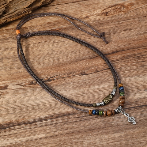 Collana a Cordoncino Regolabile Intrecciata Vintage per Uomo Donna Ciondolo Nota Musicale Multistrato Gioielli da Collo con Perline in Legno Fatti a Mano