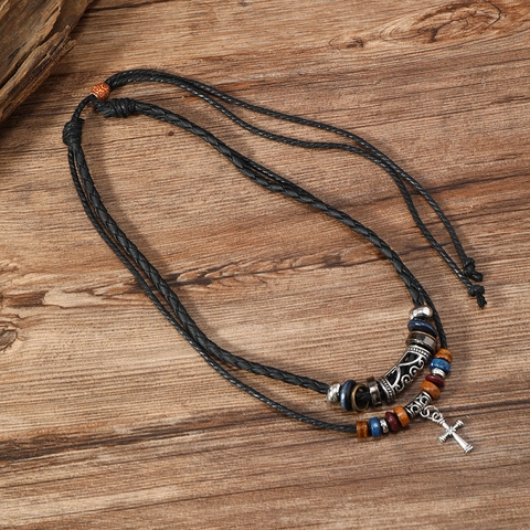 Collana con Pendente a Croce Vintage per Uomo Donna Doppio Strato Regolabile Cordino Cerato Nero Perline di Legno Stile Etnico Girocollo Gioielli