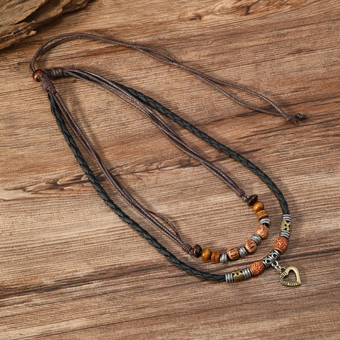 Vintage Bohemian Heart Pendant Necklace Multi Layer Handmade Wood Beads Braided PU Leather Wax Cord Jewelry For Women