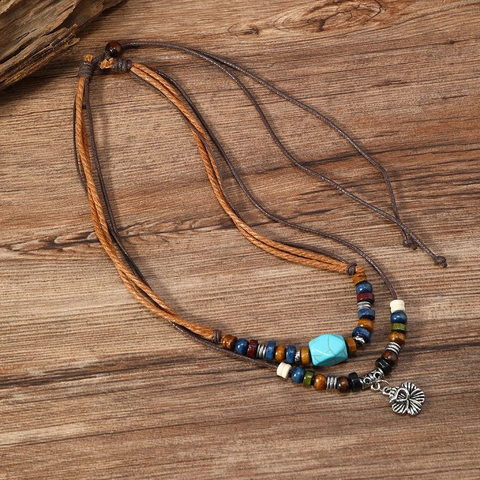 Collar con Colgante de Flor de Aleación Retro Bohemio Multicolor Turquesa Madera Cuentas Tejido Cordón de Cera Joyería Étnica Mujer