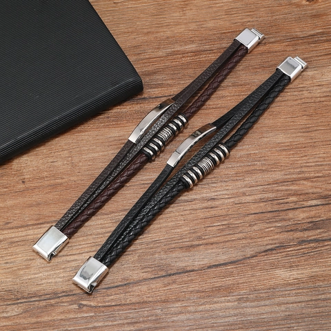 Bracelet en Cuir Multicouche Vintage pour Hommes Corde Tressée Plaque Métallique Géométrique Fermoir Magnétique Style Punk Bijoux Hommes Cadeau
