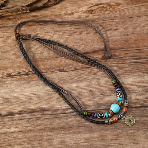 Vintage Ethnische Bohemian Mehrlagige Halskette Türkis Holzperlen Lederkordel Münzanhänger Legierung Damen Modeschmuck