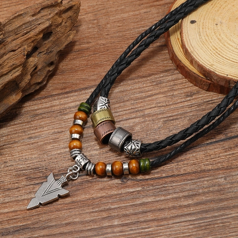 Doppellagige Retro Pfeilspitze Anhänger Halskette Mit Holzperlen PU Leder Kordel Ethnisch Punk Stil Schmuck Für Herren Damen