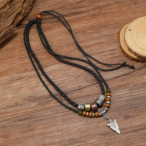 Doppellagige Retro Pfeilspitze Anhänger Halskette Mit Holzperlen PU Leder Kordel Ethnisch Punk Stil Schmuck Für Herren Damen