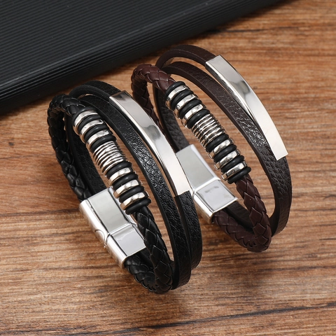 Bracelet en Cuir Multicouche Vintage pour Hommes Corde Tressée Plaque Métallique Géométrique Fermoir Magnétique Style Punk Bijoux Hommes Cadeau