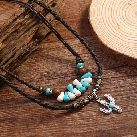 Bohemian Long Layered Necklace For Women Artificial Turquoise Wood Beads PU Leather Chain Cactus Pendant Ethnic Jewelry