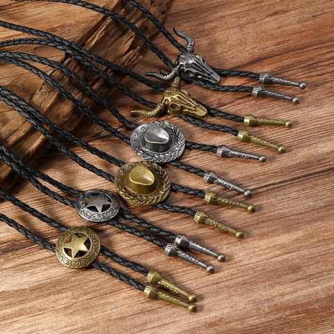 Vintage Western Cowboy Bolo Tie Retro Alloy Bull Head Pentagram Star Hat Pendant Necklace For Men Women Ethnic Jewelry Accessories