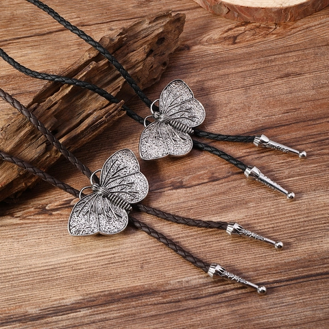 Vintage Schmetterling Bolo-Krawatte Legierung Anhänger PU-Leder Geflochtenes Seil Verstellbare Halskette Für Damen Retro-Schmuck
