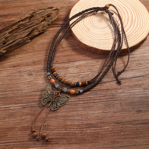 Vintage Ethno Mehrlagige Perlen Schmetterling Anhänger Halskette Für Damen Retro Verstellbar Boho Lange Pulloverkette Legierung Holz Schmuck
