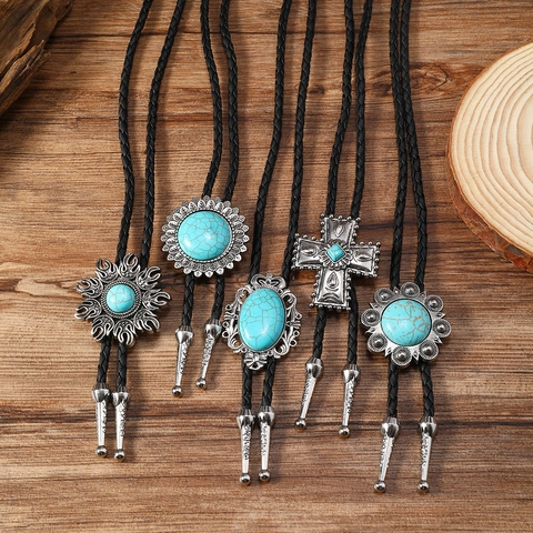Vintage Western Cowboy Bolo Tie Alloy Turquoise Inlaid Pendant PU Leather Braided Cord Necklace Retro Cross Jewelry For Women Men