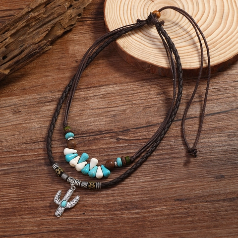 Bohemian Long Layered Necklace For Women Artificial Turquoise Wood Beads PU Leather Chain Cactus Pendant Ethnic Jewelry