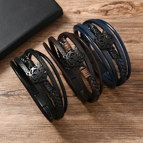 Heren Meerlagige Gevlochten Leren Armband Met Tijgerkop Legering Bedeltje Punk Retro Magnetische Sluiting Sieraden
