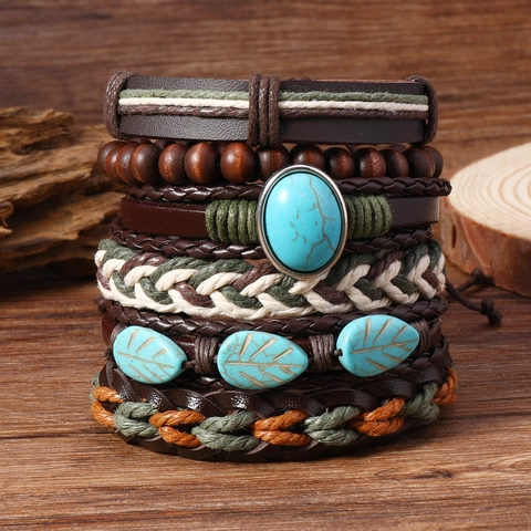 Bracciale in Pelle Multistrato Bohemien per Uomo Donna Vintage Intrecciato Perline in Legno Farfalla Croce Albero Della Vita Gioielli