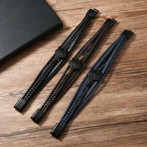 Heren Meerlagige Gevlochten Leren Armband Met Tijgerkop Legering Bedeltje Punk Retro Magnetische Sluiting Sieraden