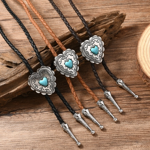 Collar Bolo Tie Vintage Cowboy Occidental Colgante Corazón Aleación Turquesa Cuerda Trenzada Cuero PU Para Hombres Mujeres