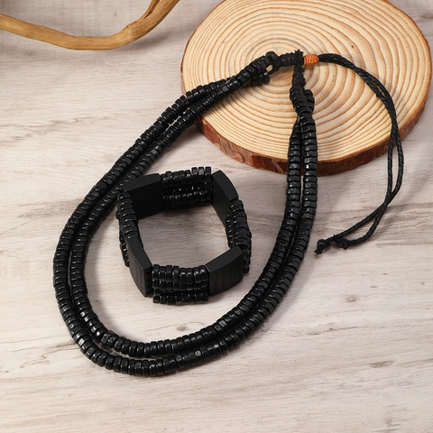 Herren Vintage Schwarz Holzperlen Schmuckset Handgefertigte Mehrlagige Perlenkette Und Armband Set Ethnisch Retro Schmuck