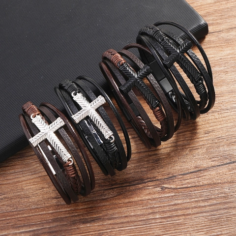 Men's Vintage Multi-layer Braided PU Leather Bracelet Zinc Alloy Cross Charm Wristband Fashion Punk Jewelry Magnetic Clasp